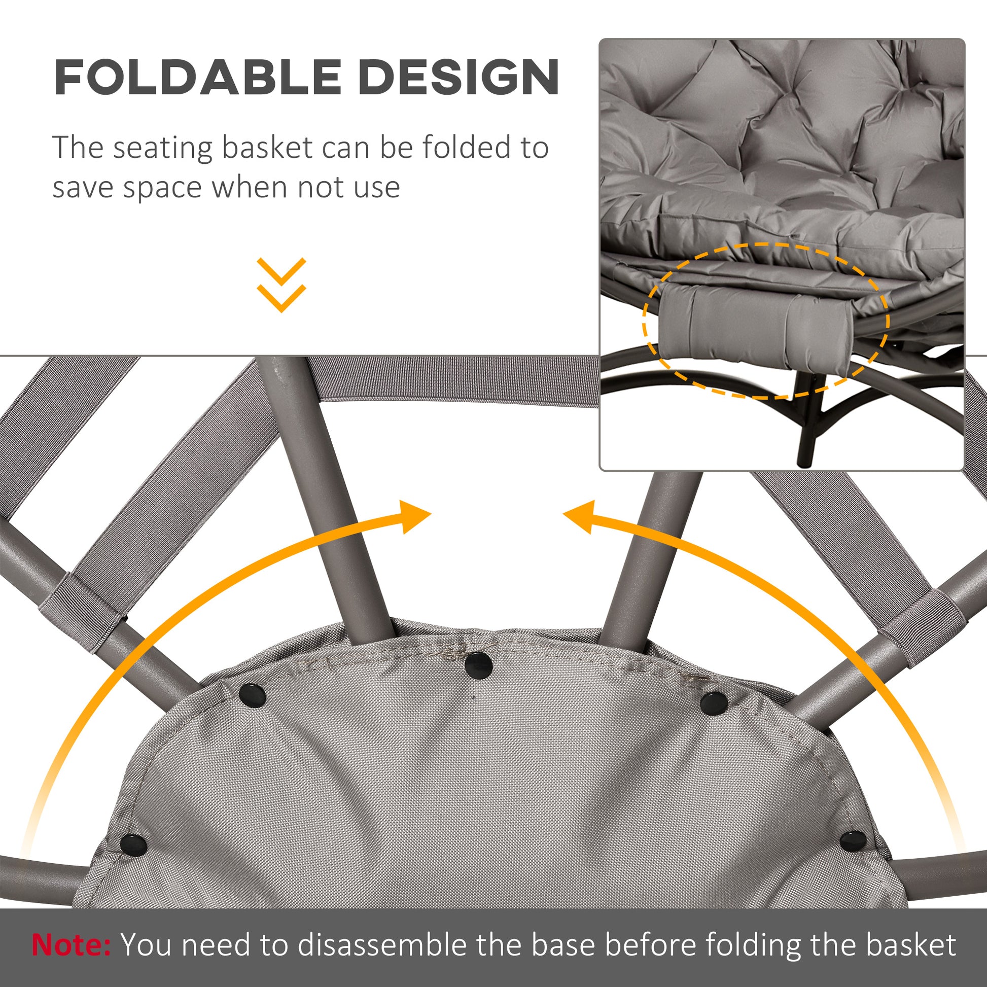 Egg Chair, Patio Lounge Chair, Foldable Basket Chair with Large Seat Cushion, Side Pocket, Sand
