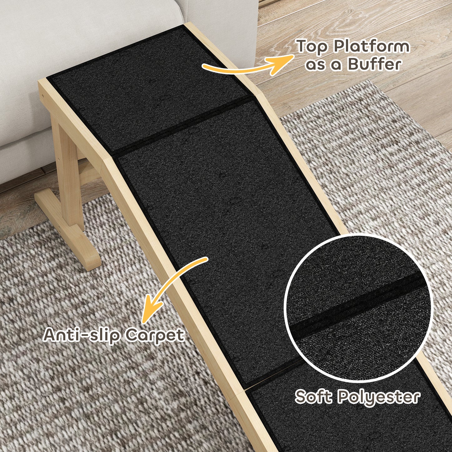 Pet Ramp Bed Steps for Dogs Cats Non-slip Carpet Top Platform Pine Wood 59"L x 16"W x 20"H Natural Wood