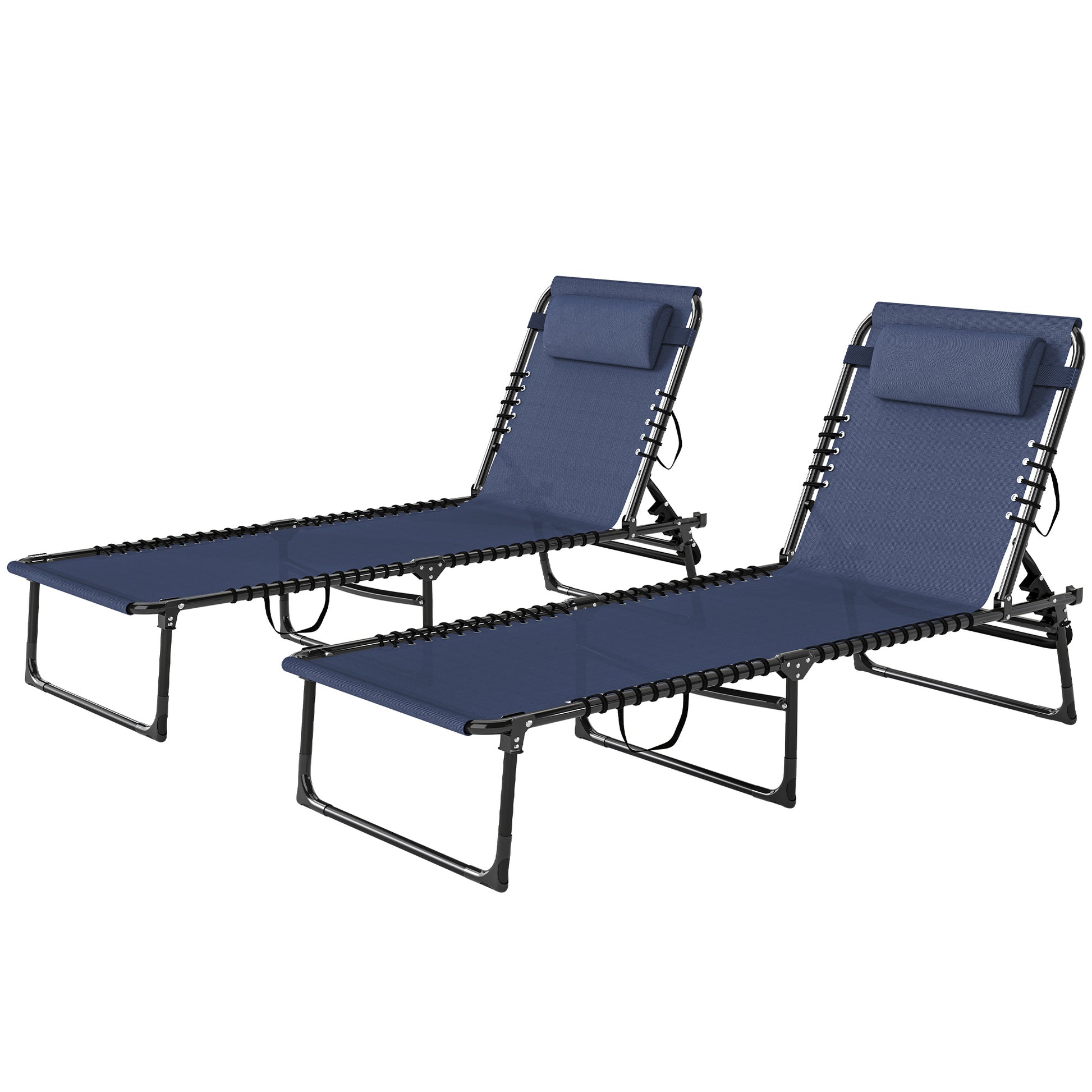 2 PCs Folding Lounge Chair, Adjustable Chaise Lounge with Headrest, Reclining Lounger Cot for Camping, Hiking, Dark Blue