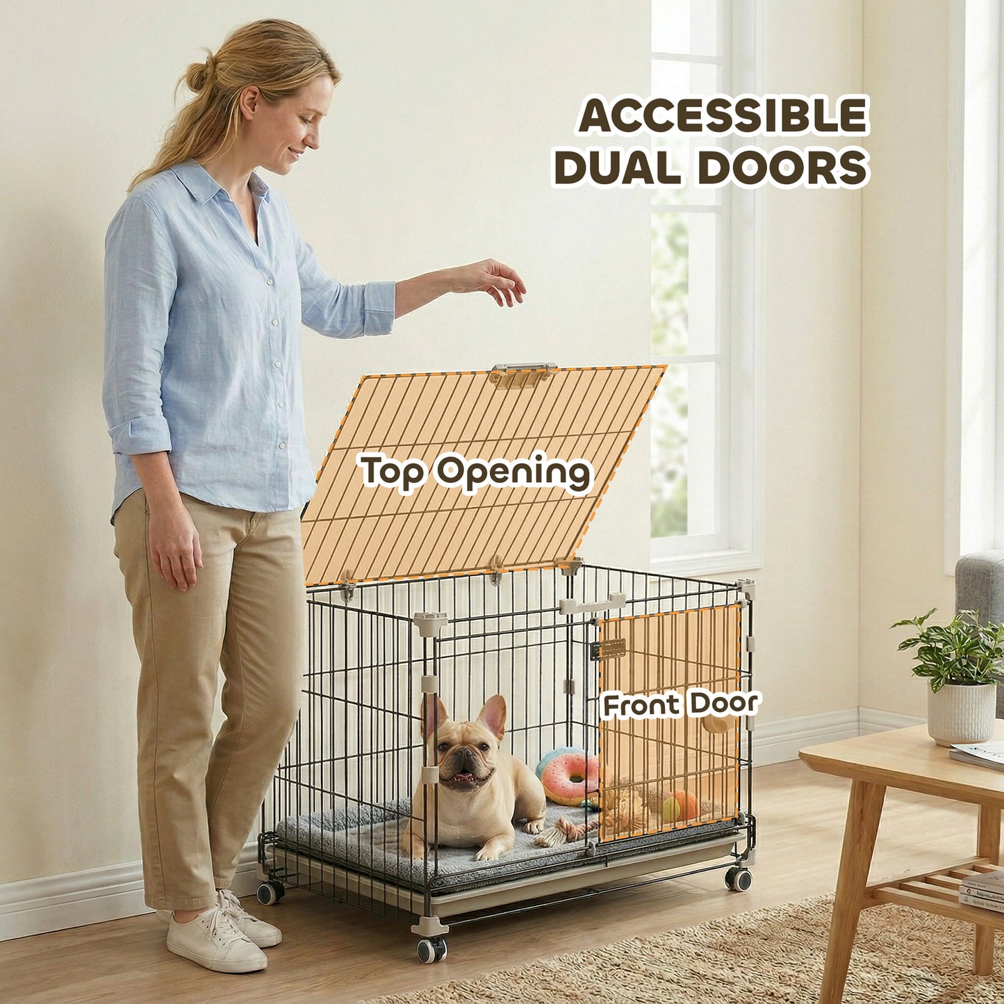 Dog Crate, 24 Inch Metal Dog Cage with Removable Tray, Lockable Wheels, 2 Doors for Small Medium Breeds, Black