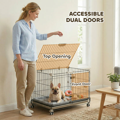 Dog Crate, 24 Inch Metal Dog Cage with Removable Tray, Lockable Wheels, 2 Doors for Small Medium Breeds, Black