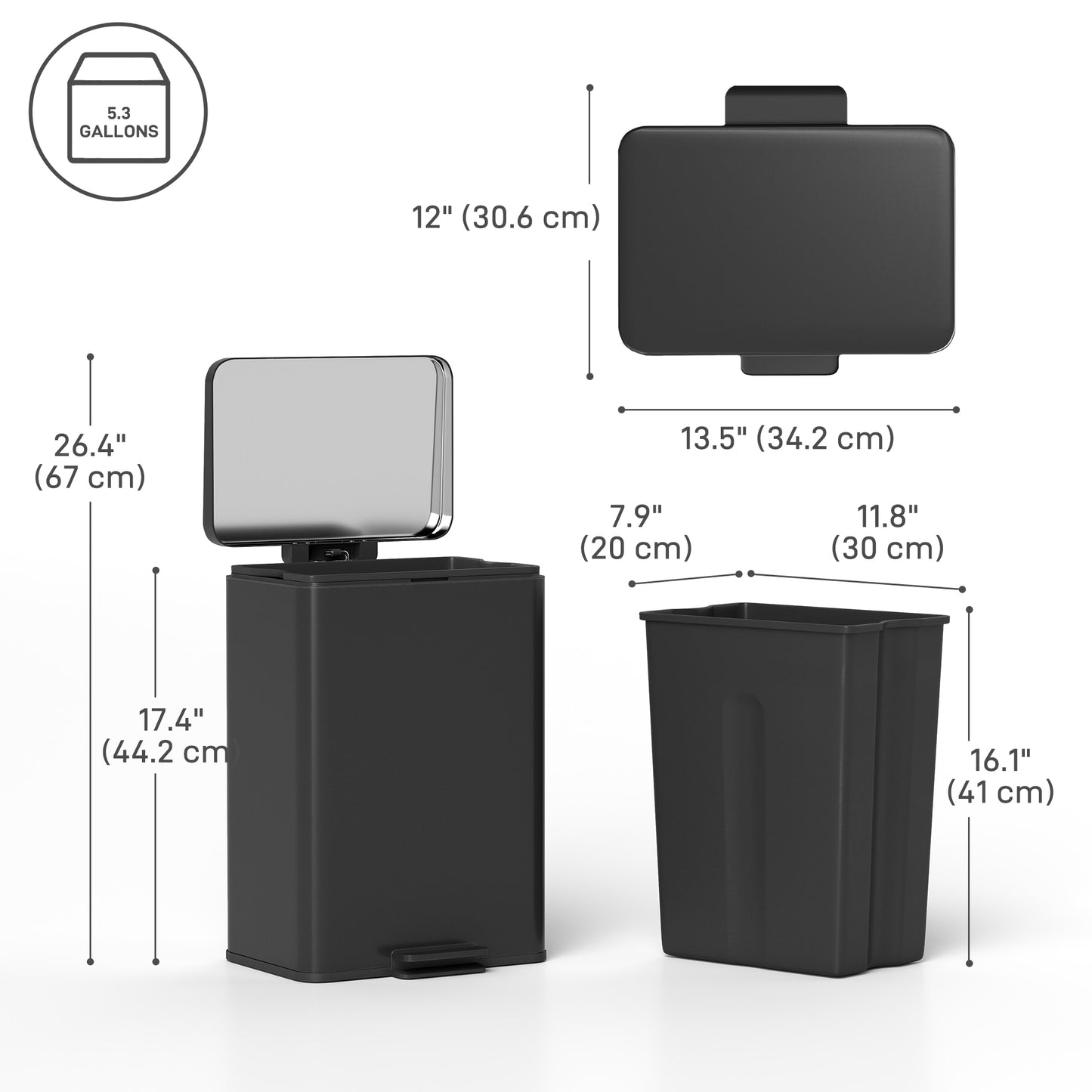5.3 Gallon/20 L Garbage Bin with Soft Close Lid, Trash Can with Removable Inner Bucket for Kitchen, Office, Matte Black