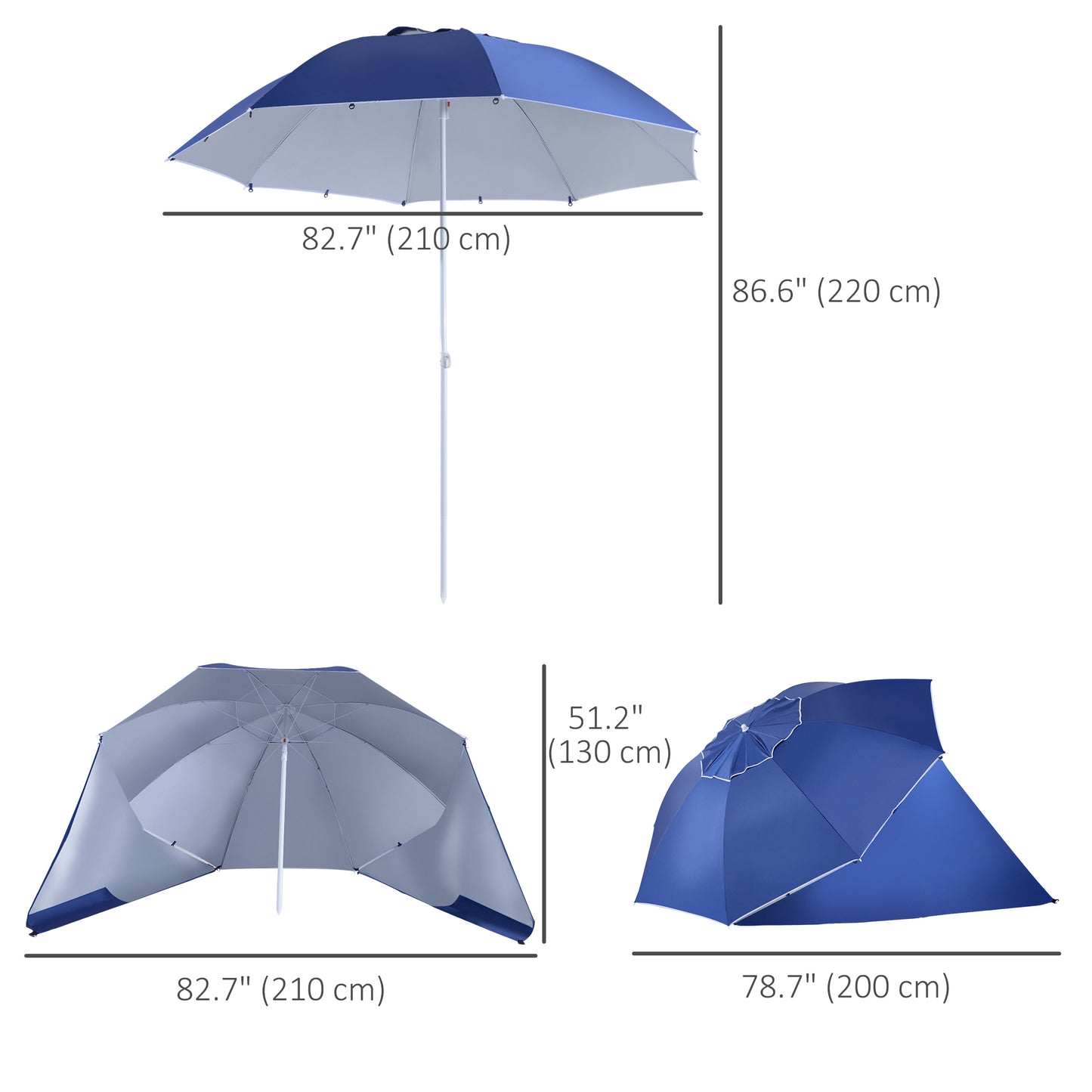 7.5FT 2-in-1 Beach Umbrella with Carry Bag, Umbrella Shelter with Silver Coated UPF50+ UV Protection and Adjustable Height for Camping, Fishing, Backyard, Blue