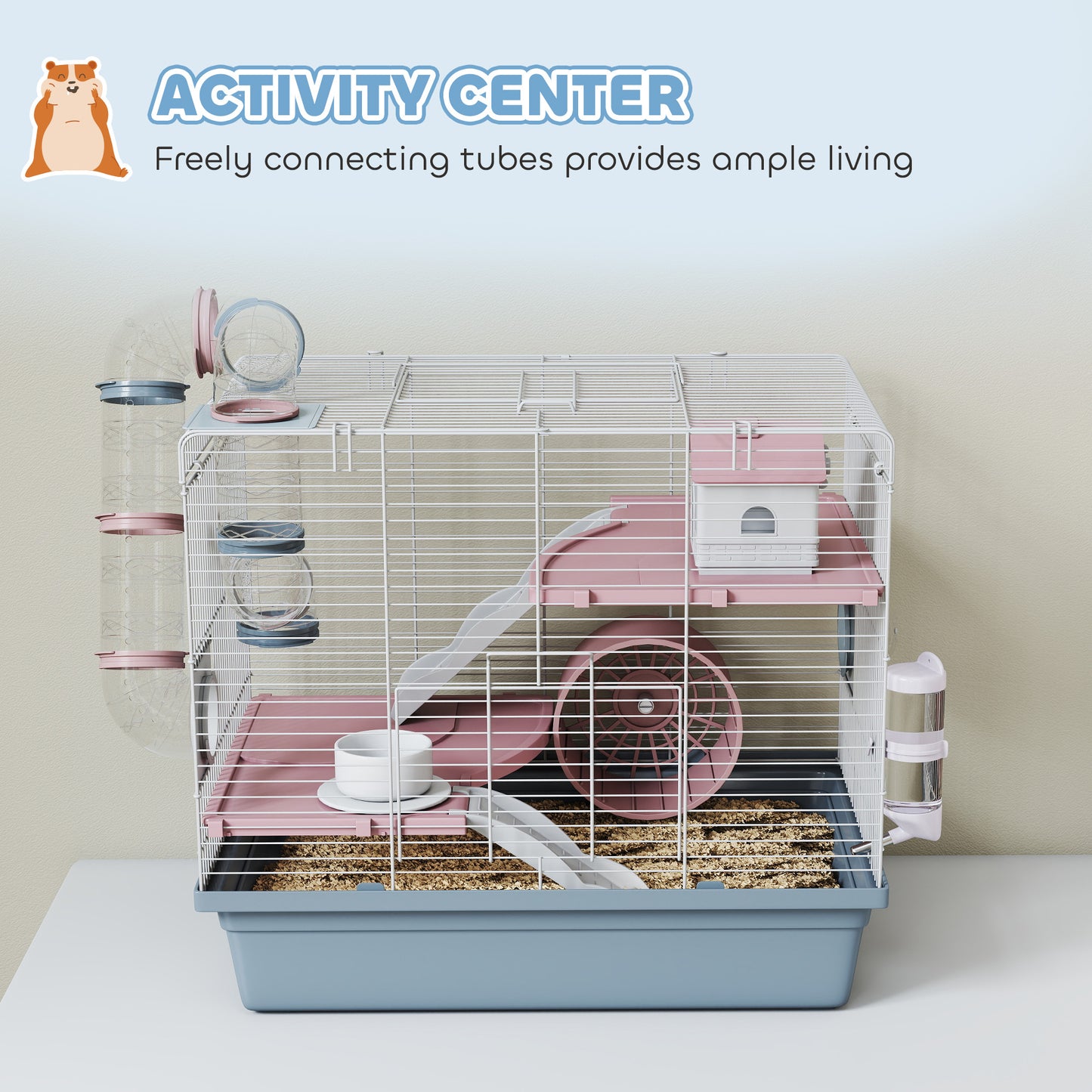 Hamster Cage, 3-Tier Small Animal Cage with Excerise Wheel, Food Bowl, Water Bottle, House, Tunnels, Ramps