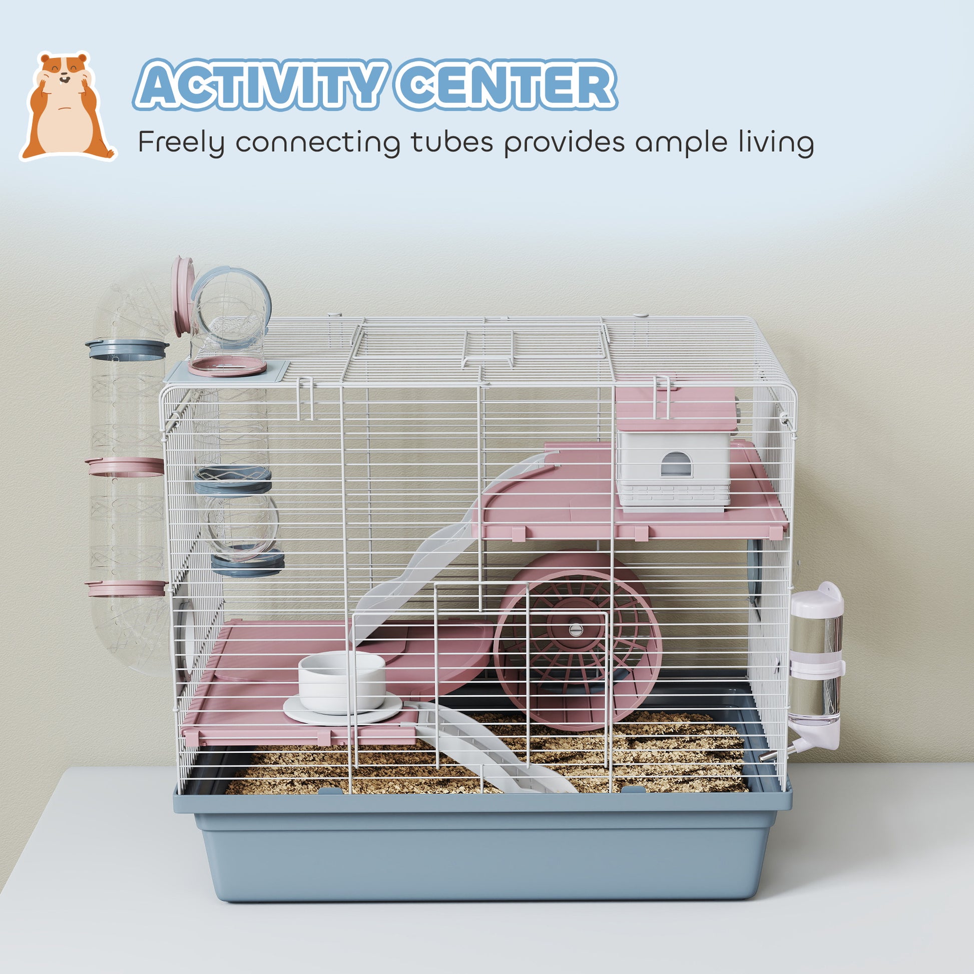 Hamster Cage, 3-Tier Small Animal Cage with Excerise Wheel, Food Bowl, Water Bottle, House, Tunnels, Ramps