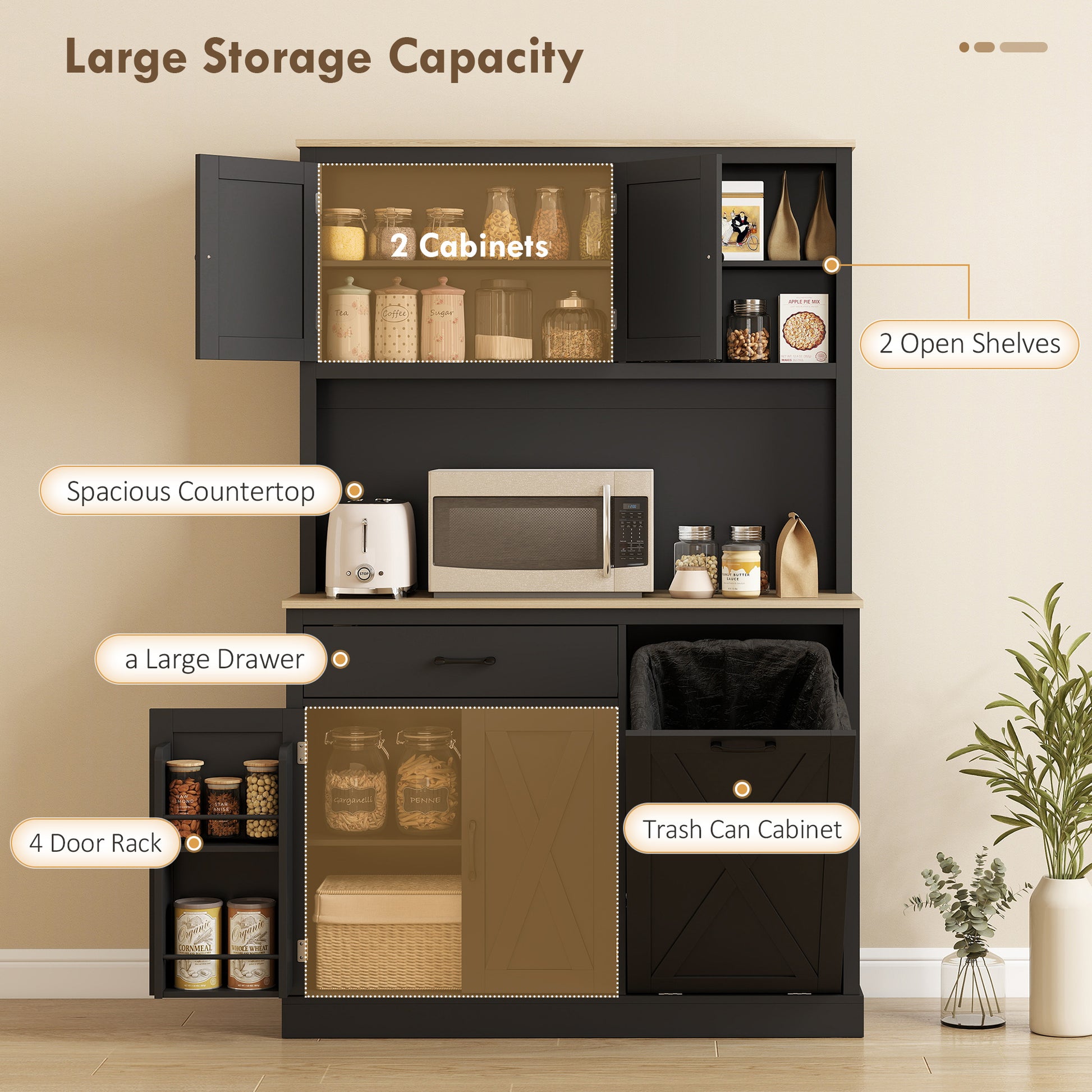 69" Pantry Cabinet with Charging Station, Kitchen Cabinet with Microwave Stand, Tilt-Out Trash Can Cabinet, Black
