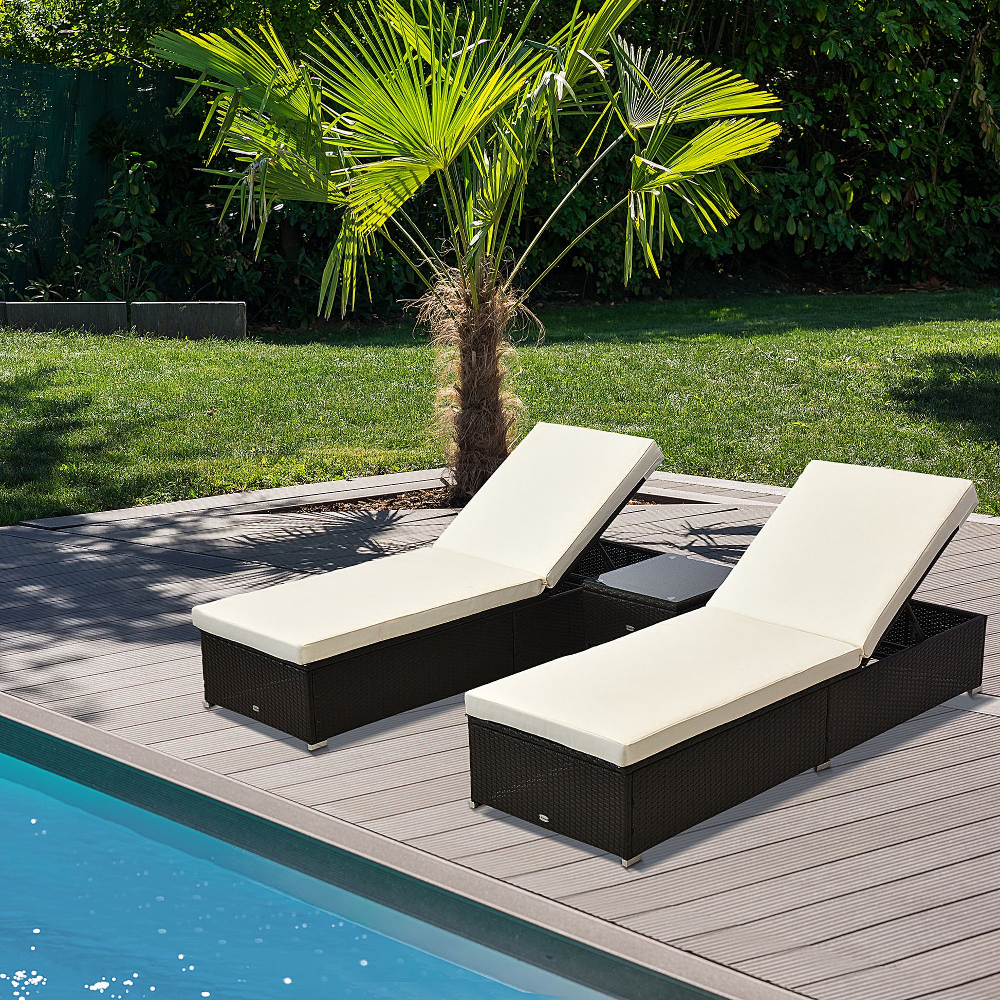 3pc Rattan Lounge Chair Set with Side Table Outdoor Patio Synthetic Rattan Wicker Sun Bed Set with Cushion