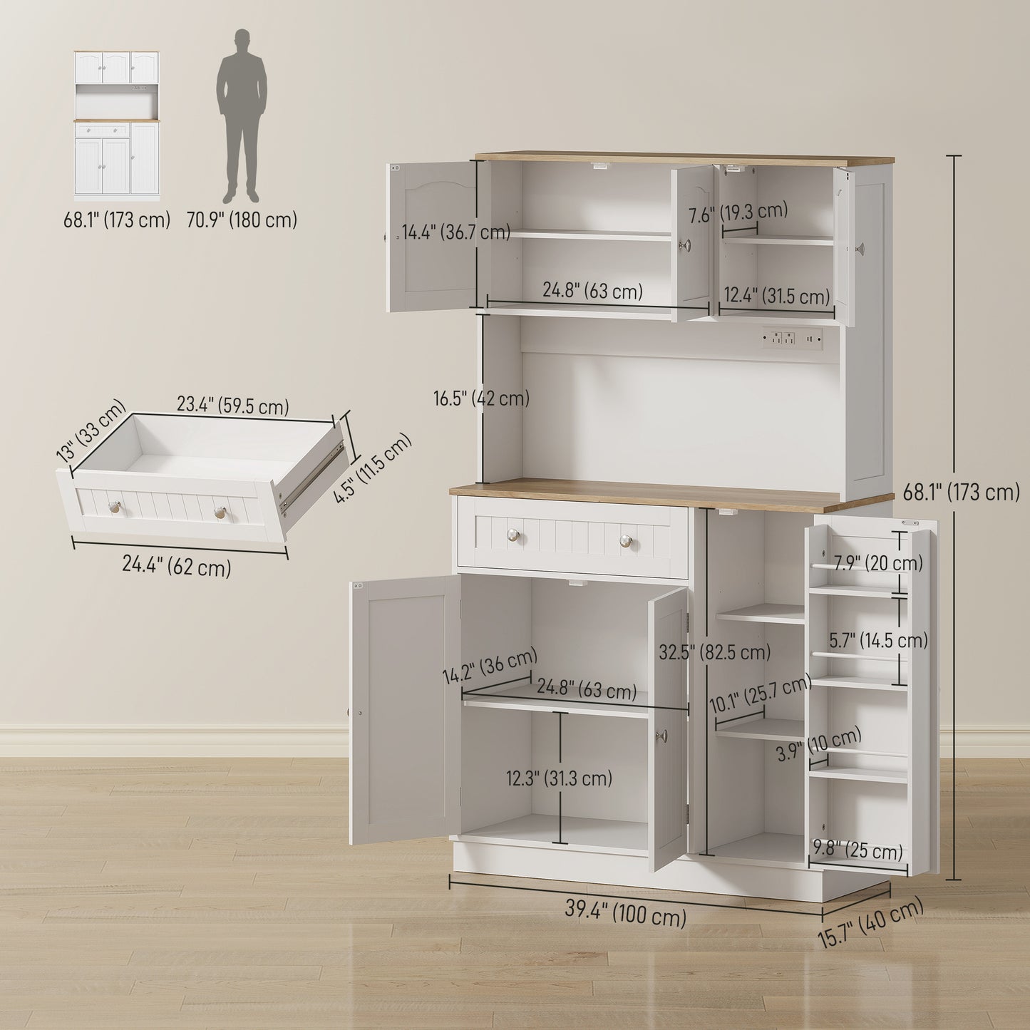 68" Pantry Cabinet with Charging Station, Kitchen Storage Cabinet with Microwave Stand, 4 Door Racks, White
