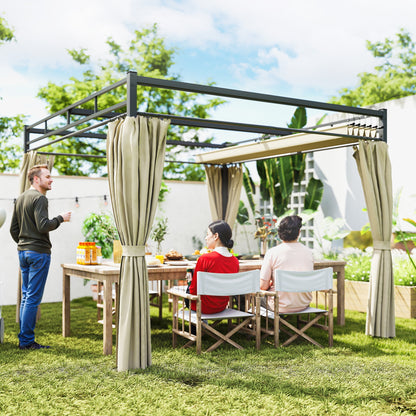 10' x 10' Outdoor Gazebo, Retractable Pergola Canopy with Curtains, UPF30+ Free Standing Metal Pergola Kit, Beige