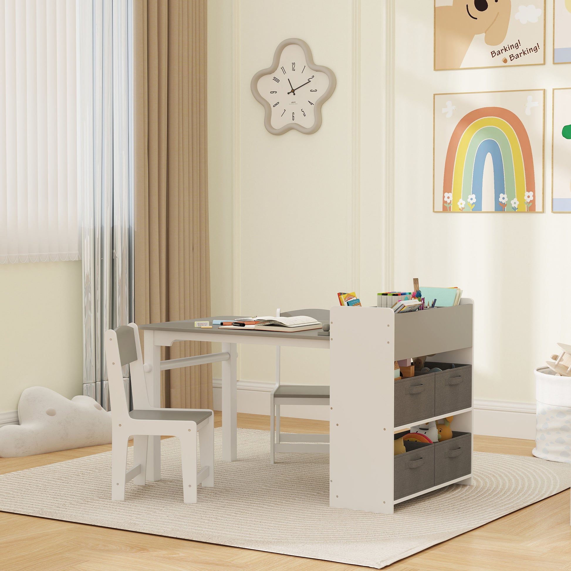 Qaba Kids Table and Chairs Set, Toddler Art Table and Chair Set with Paper Roll, Storage Shelves and Drawers, Grey