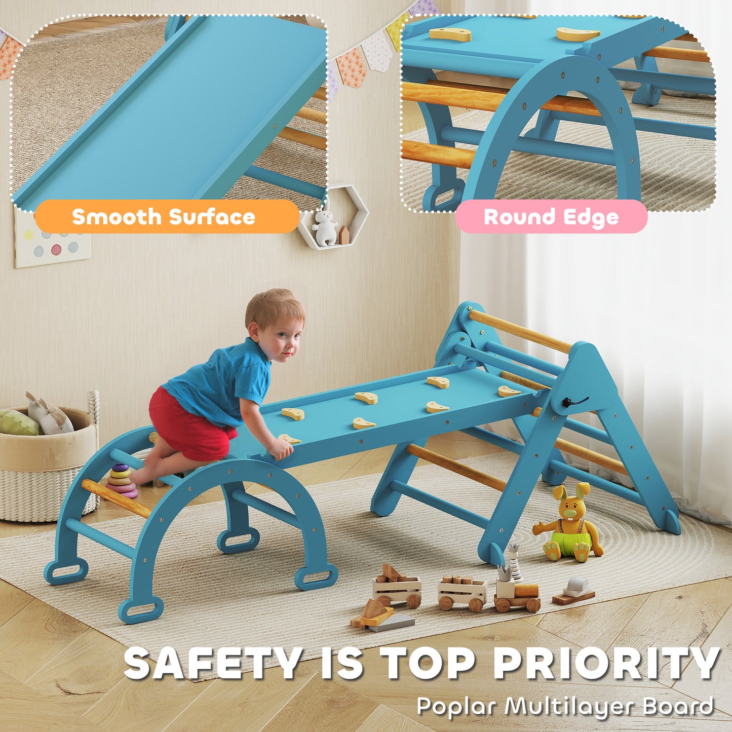 Qaba 7-in-1 Pikler Triangle Set, Foldable Wooden Climbing Toys with Arch, Ramp and Ladder for Toddlers 1-4 Years, Blue