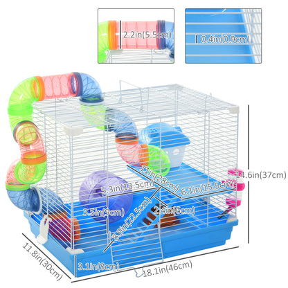 18"L Hamster Cage, Small Animal House, 2-Level Rat Gerbil Haven with Tunnel Tube System, Exercise Wheel, Water Bottle, Food Dish, Ramp, Blue