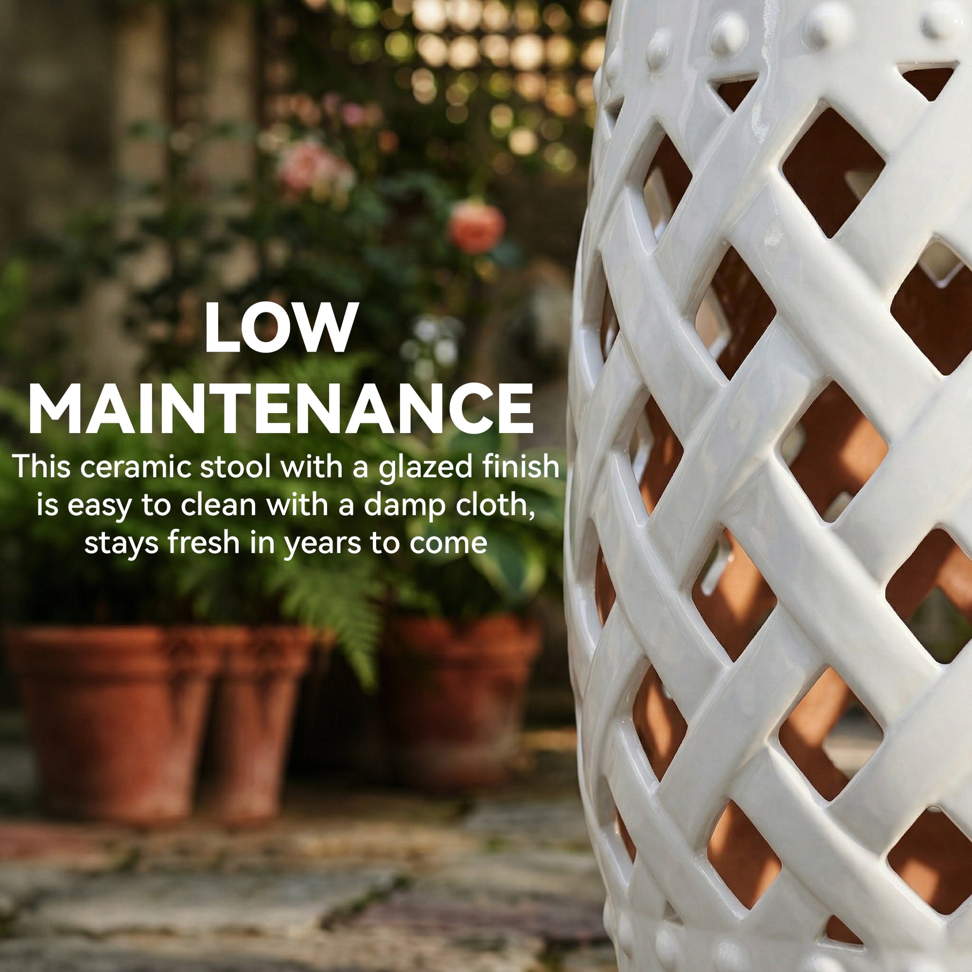 18" Ceramic Garden Stool with Woven Lattice Design, Indoor & Outdoor Decorative Accent Stool, White