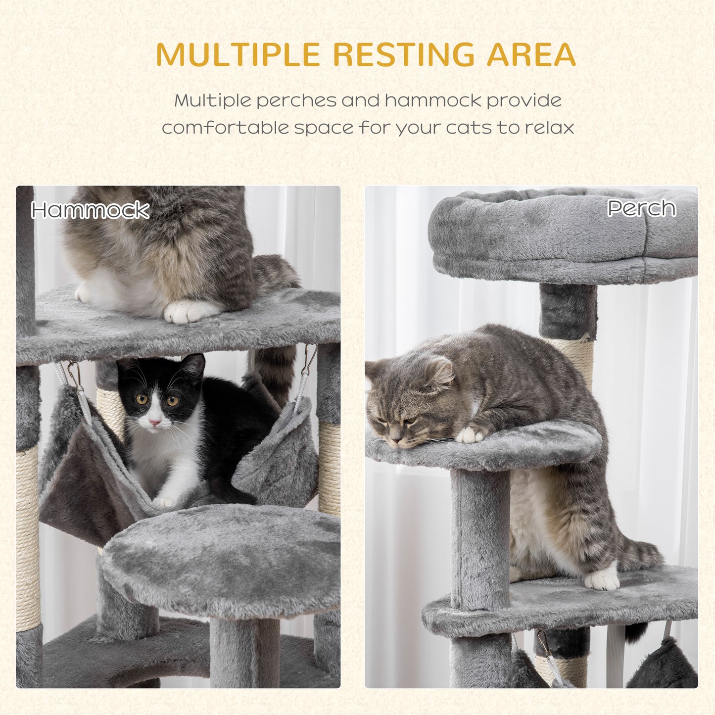 52" Multi-Level Cat Tree Tower, Kitten Scratcher Activity Center Play House with Hammock - Grey