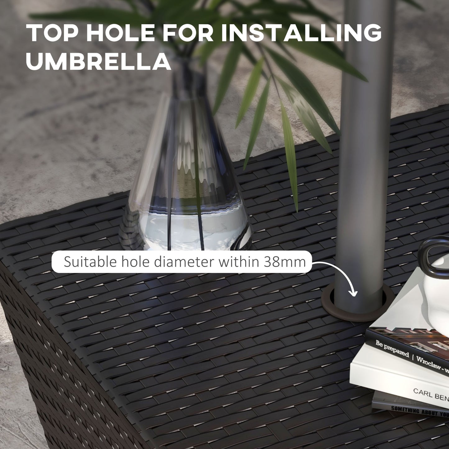Outdoor Patio Rattan Wicker Coffee Table Garden End Tea Table Bistro Side Table w/ Umbrella Hole, Dark Coffee