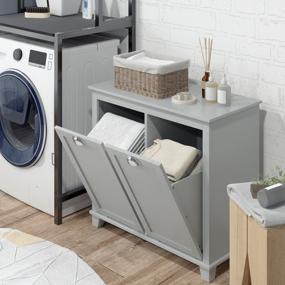 Tilt-Out Laundry Storage Cabinet, Bathroom Storage Organizer with Two-Compartment Tilt Out Hamper, Grey