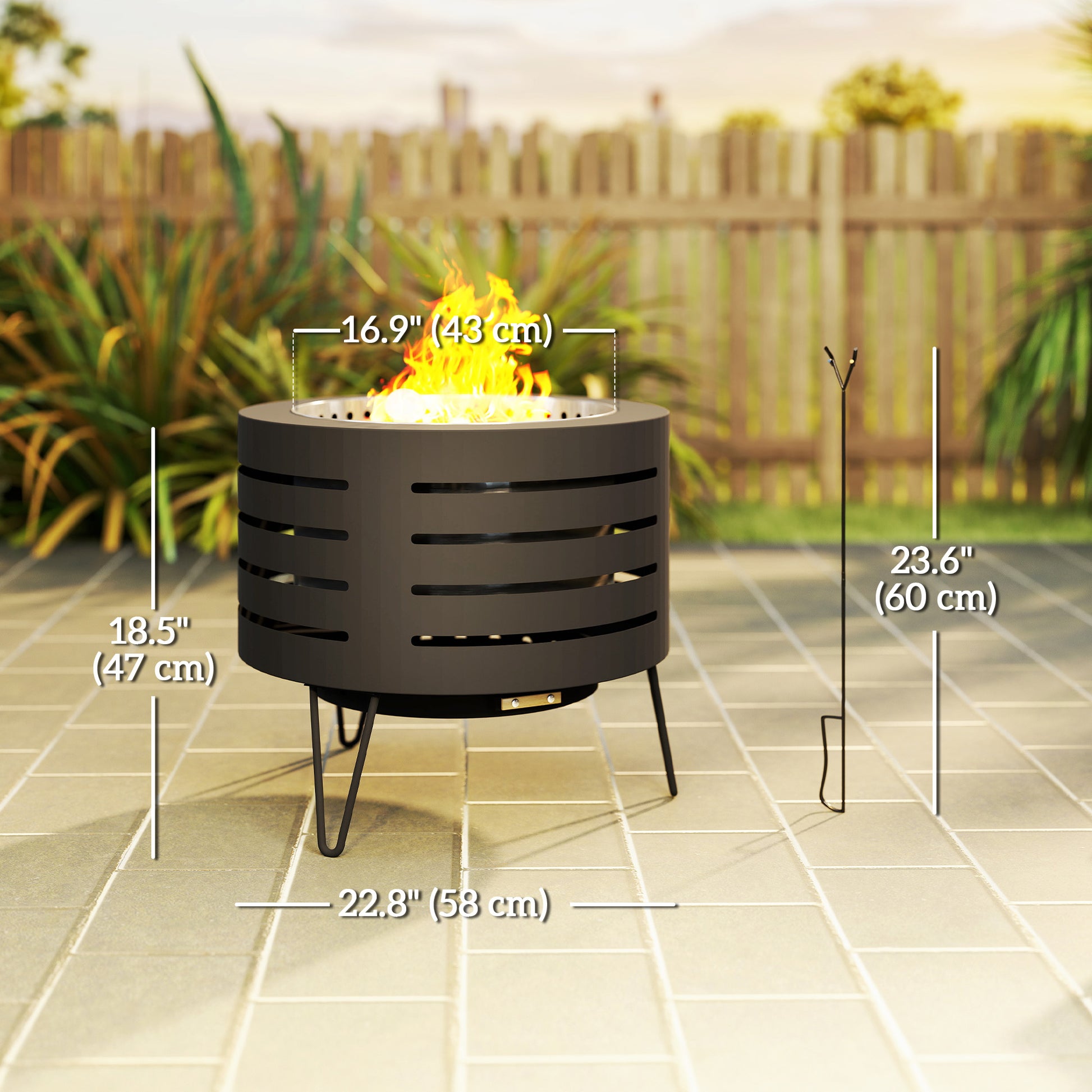 Round Fire Pit with Fire Poker, Portable Wood Burning Firepit with Ash Tray and Hairpin Legs, Outdoor Fireplace, Black