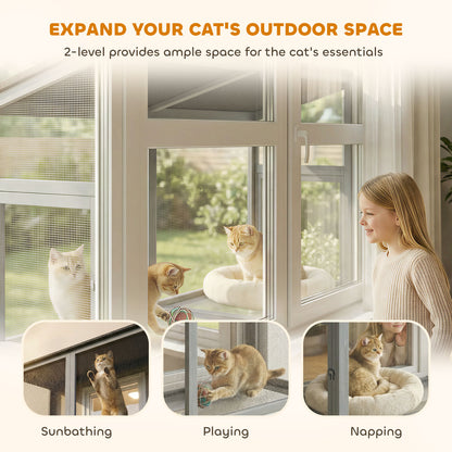Catio Outdoor Cat Enclosure Expandable Wooden Cat House with 2 Doors for Window, 51.2"L