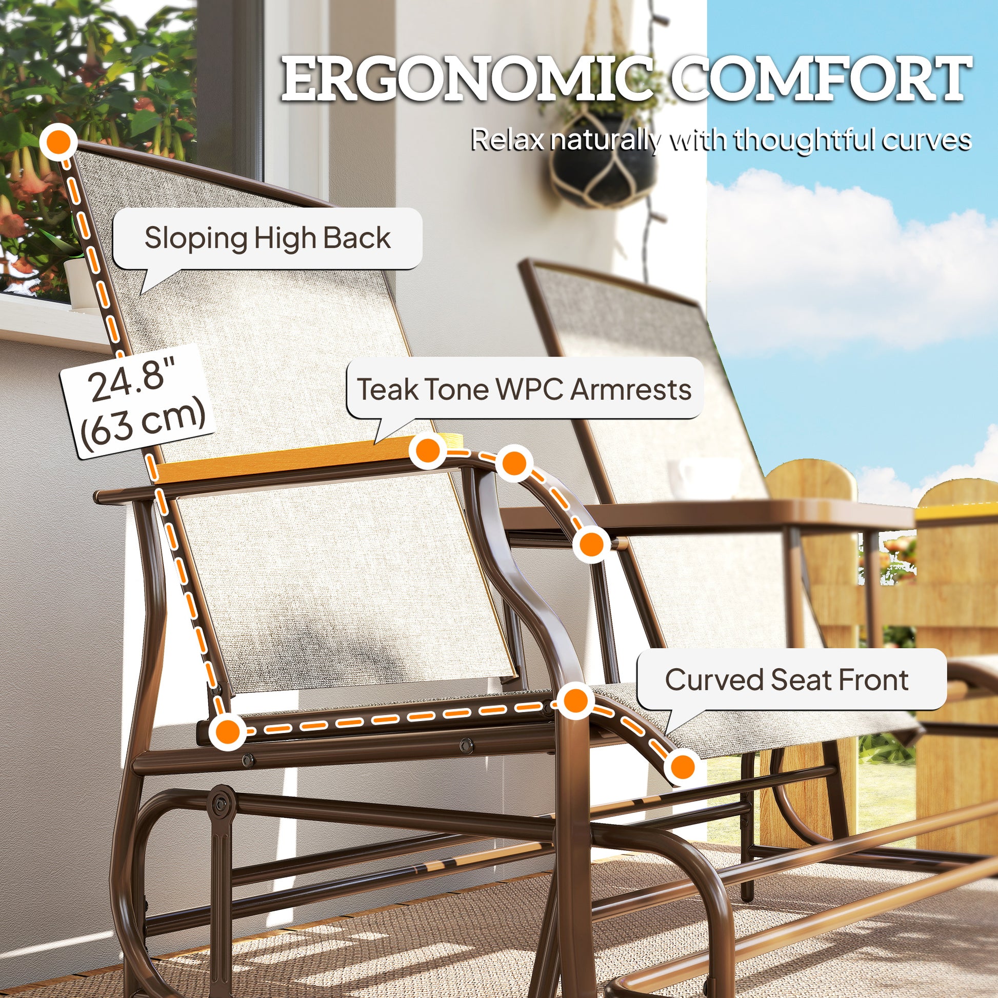 Outdoor 2-Person Glider Bench, Outside Swing Glider Chair Loveseat with Breathable Mesh, Table, Steel Frame
