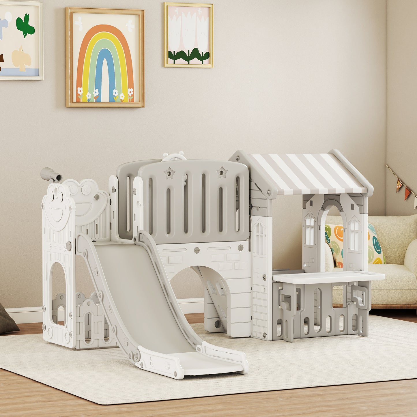 Qaba 7-in-1 Toddler Slide, Kids Slide Climber Playset with Playhouse and Basketball Hoop for 1-4 Years, Grey