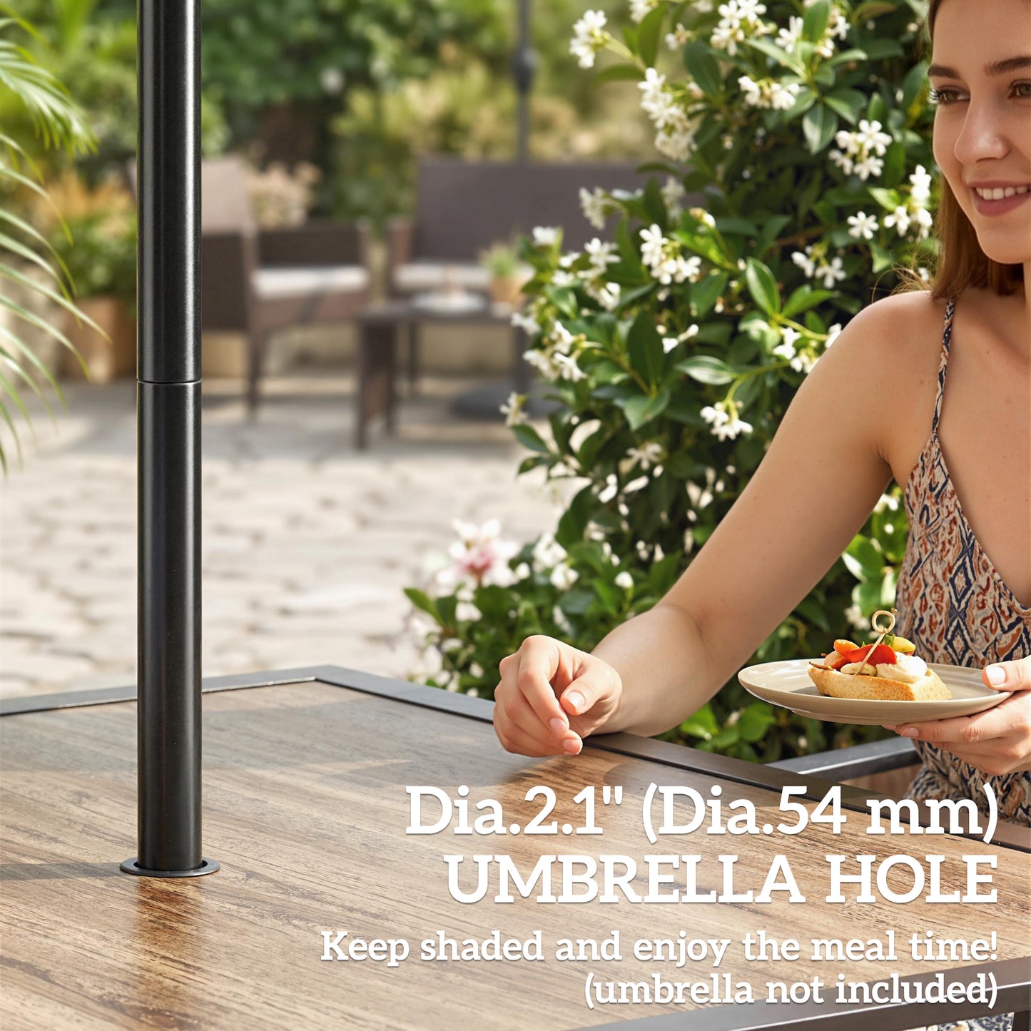 36" x 36" x 28" Square Patio Dining Table with Umbrella Hole, Easy to Clean Top & Rustproof Steel Frame, for Garden Pool
