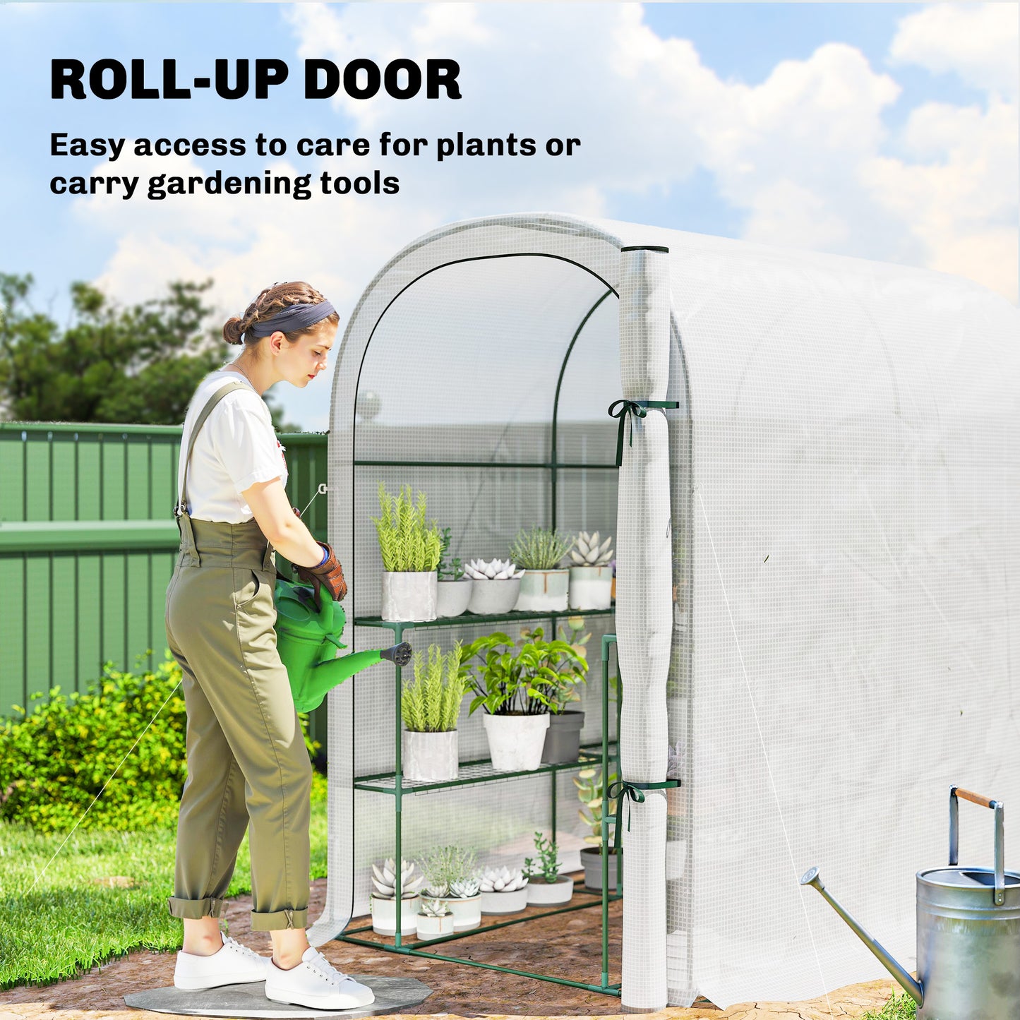Walk-in Mini Greenhouse with Shelves, Portable Outdoor Greenhouse with Roll-up Door, 123 x 187 x 189 cm, White