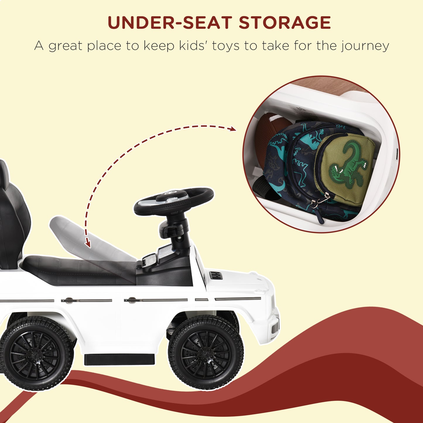 Aosom Mercedes-Benz G350 Licensed Push Car, 3-in-1 Toddler Sliding Car with Horn, Steering, Foot Rest, Seat Storage, White