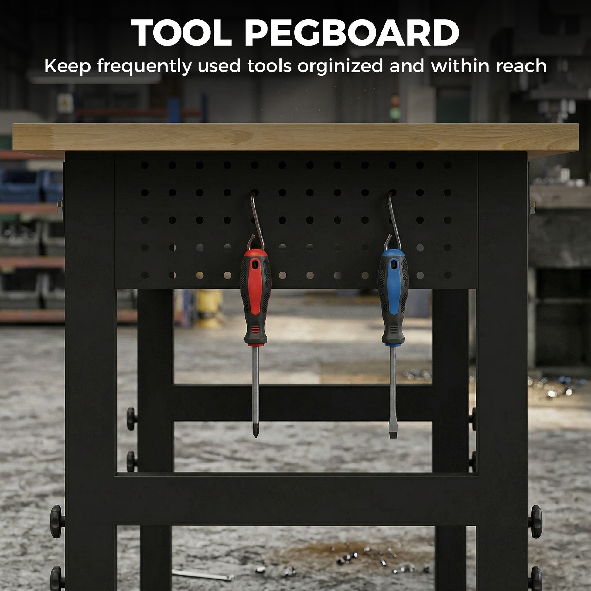 60" Adjustable Workbench, Heavy Duty Work Table with Rubber Wood Top, Power Outlets, Pegboard, 2000 LBS Capacity