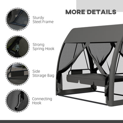 3-Seater Outdoor Swing Chair Chaise Lounger Bed Garden Hammock with Steel Stand, Canopy Netting Walls, Dark Grey