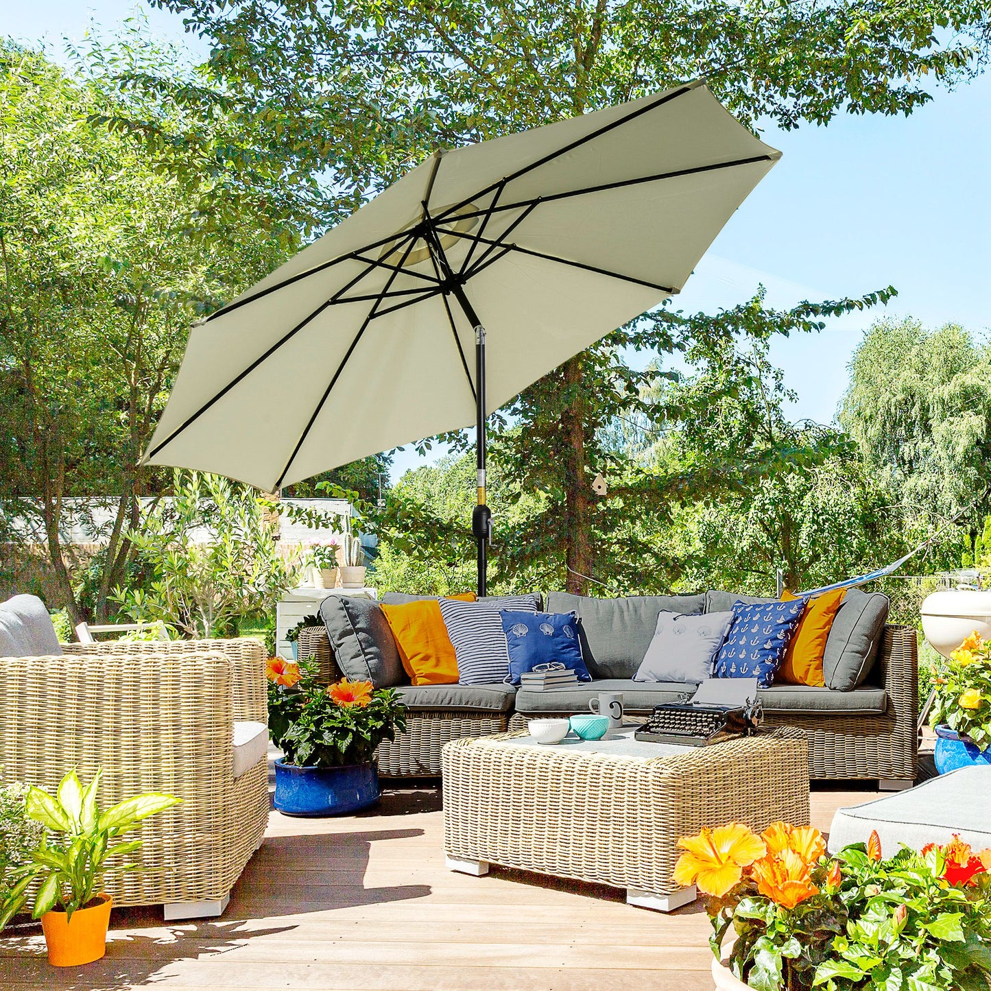10' x 8' Round Market Umbrella, Patio Umbrella with Crank Handle and Tilt, Outdoor Parasol for Garden, Beige