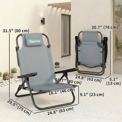 Set of 2 Beach Chair 5-Position Adjustable Folding Camping Chair with Headrest Armrests Light Grey
