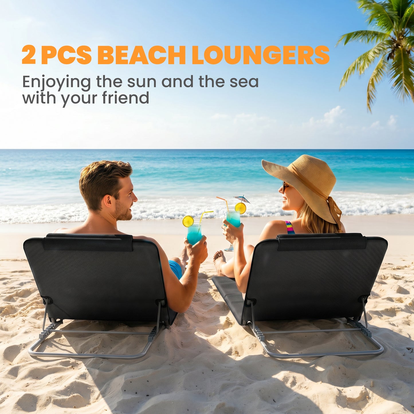 2 Pieces Beach Lounge Chair, Outdoor Folding Chaise Lounge Set w/ Pillow for Sunbath, Snap, Black