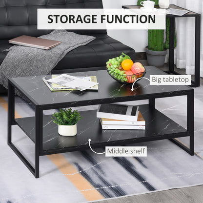 2-Tier Coffee Table with Storage Shelf, Cocktail Table with Marble Textured Table Top, for Living Room Bedroom Dorm, Black