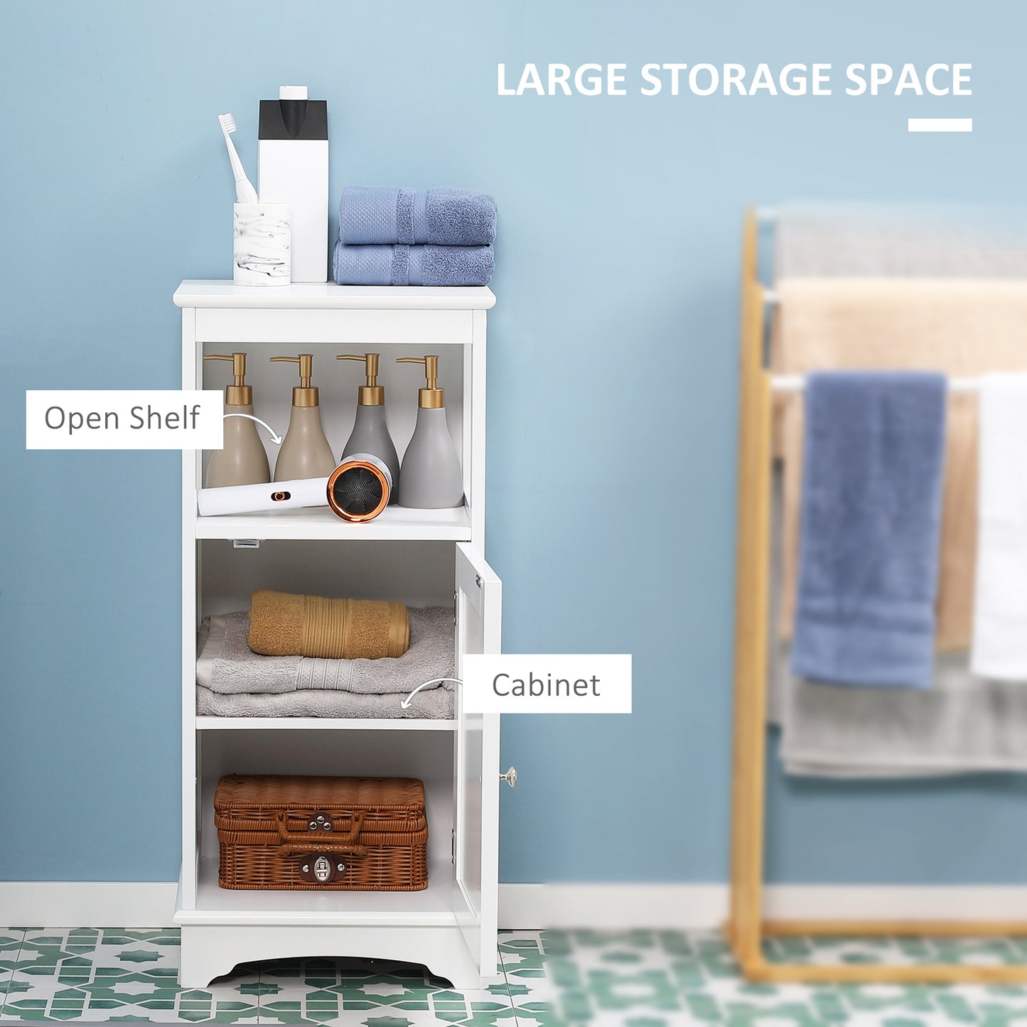 Modern Bathroom Floor Cabinet with Open Shelf, Freestanding Storage Organizer Unit with Single Door for Home Office, Living Room, White