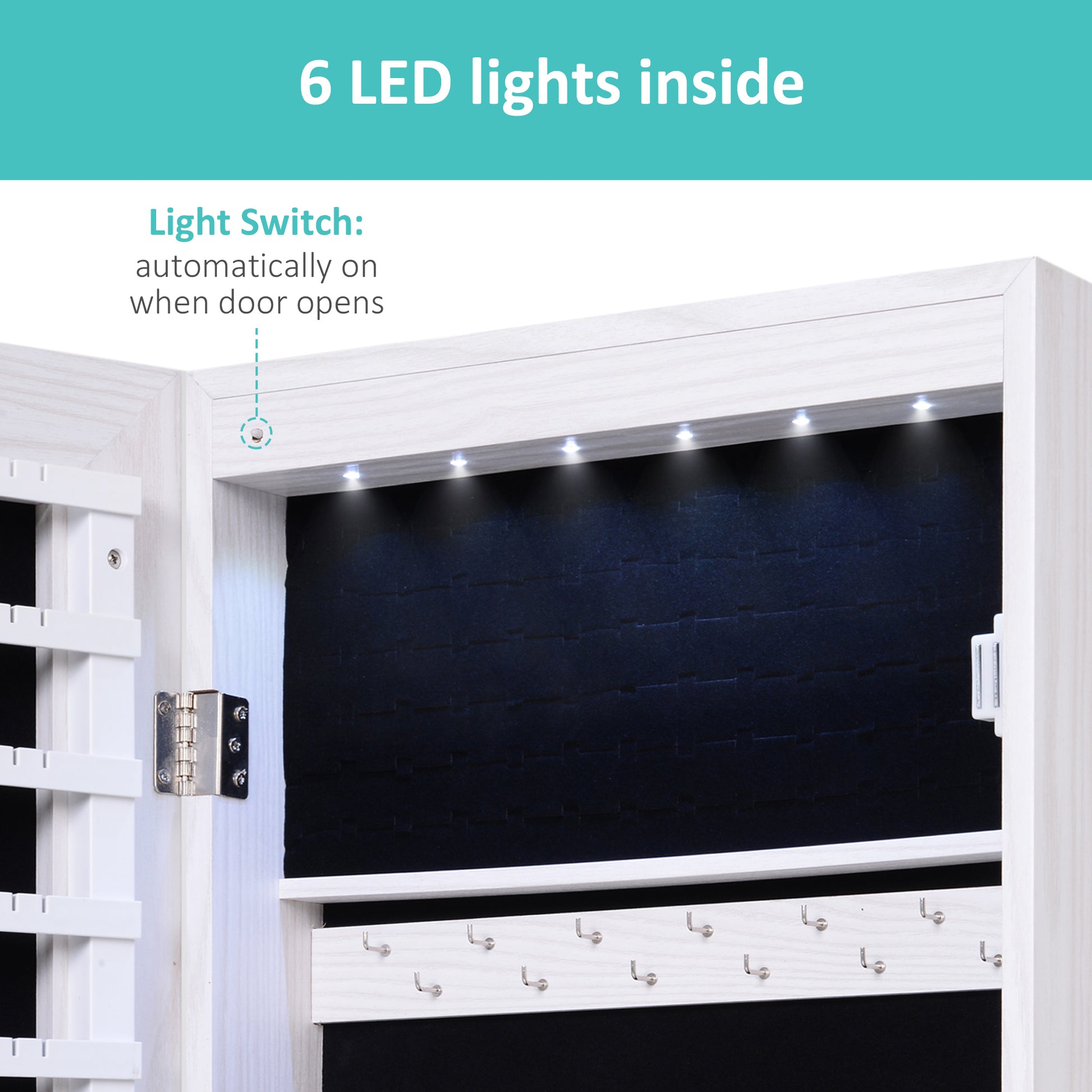 Mirror Jewelry Cabinet Armoire with LED Lights and 2 Keys, Wall Door Mounted Jewelry Organizer, Lockable Full-length Mirror, Wood Grain Grey