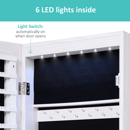 Mirror Jewelry Cabinet Armoire with LED Lights and 2 Keys, Wall Door Mounted Jewelry Organizer, Lockable Full-length Mirror, Wood Grain Grey