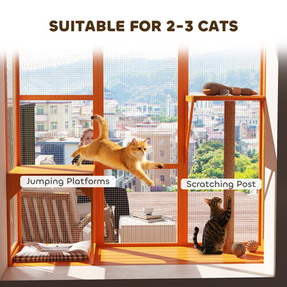 Wooden Catio Outdoor, Cat Window Box Enclosure for 2-3 Large Cats with 2 Jumping Platforms & Scratching Post, Orange