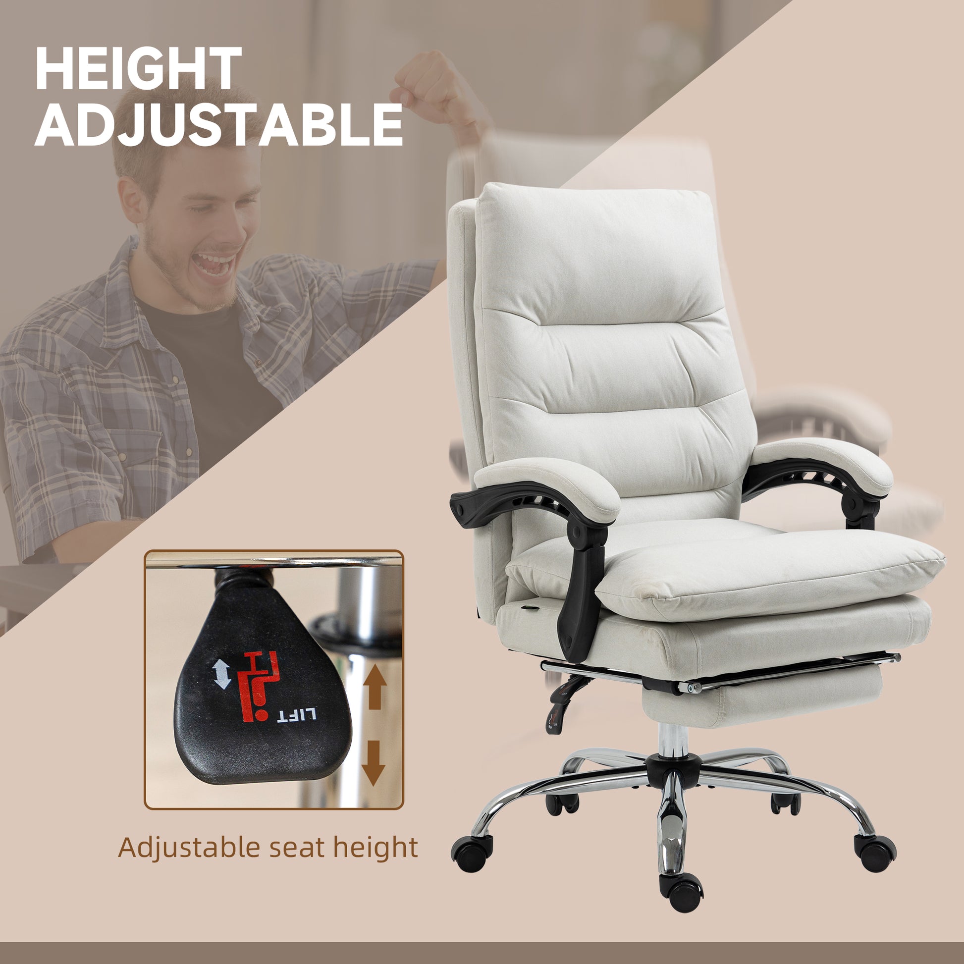 Executive Office Chair with 6-Point Massag, Microfibre Reclining Computer Chair with Footrest, Cream White
