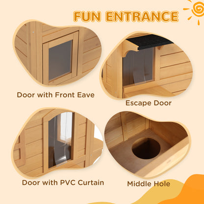2-Storey Outdoor Cat House, Wooden Catio with Openable Roof, Lounge Space, Fun Entrances, for Feral Cats, Yellow