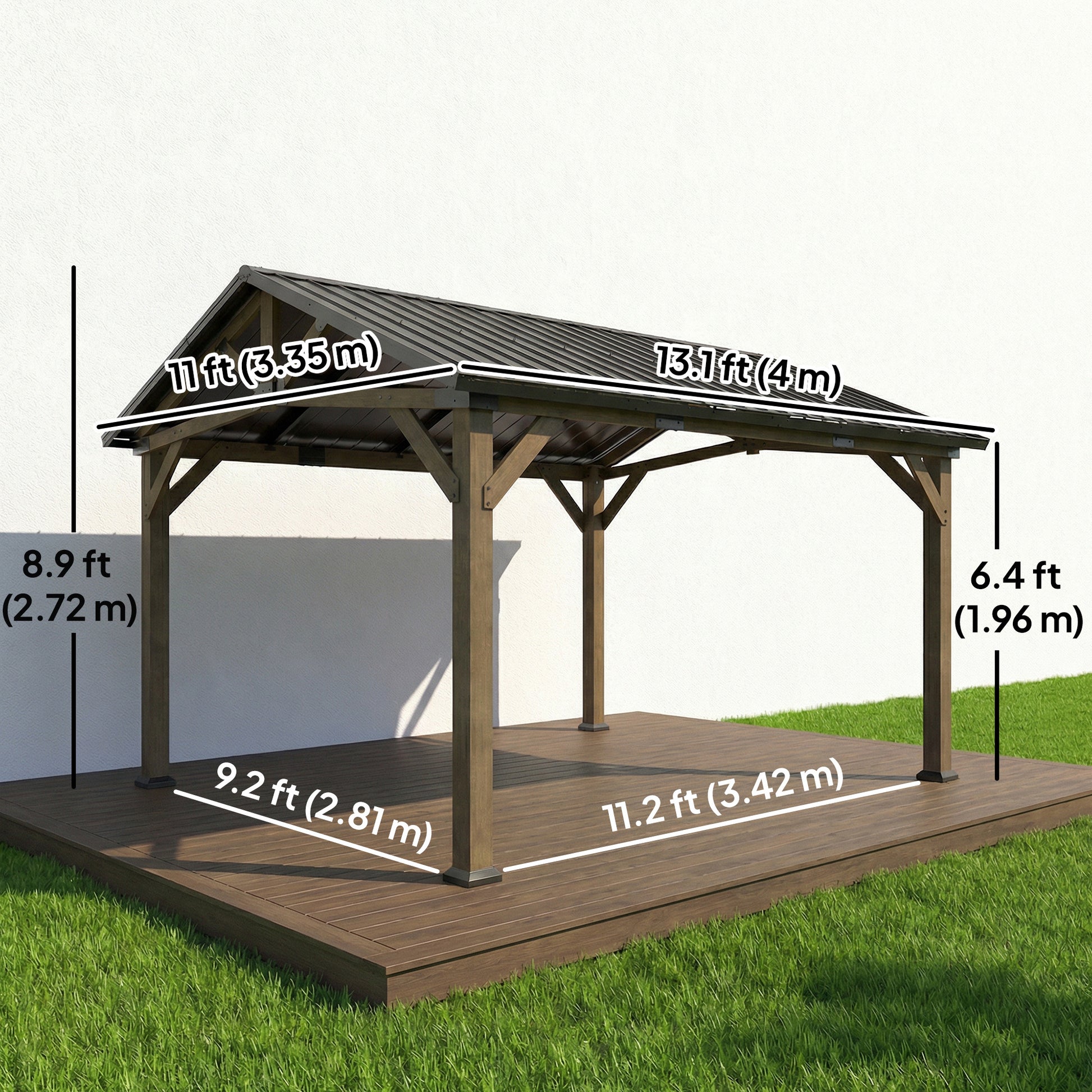 13' x 11' Hardtop Gazebo Canopy with Galvanised Metal Roof, Fir Wood Frame and Central Hook for Patio, Black Grey