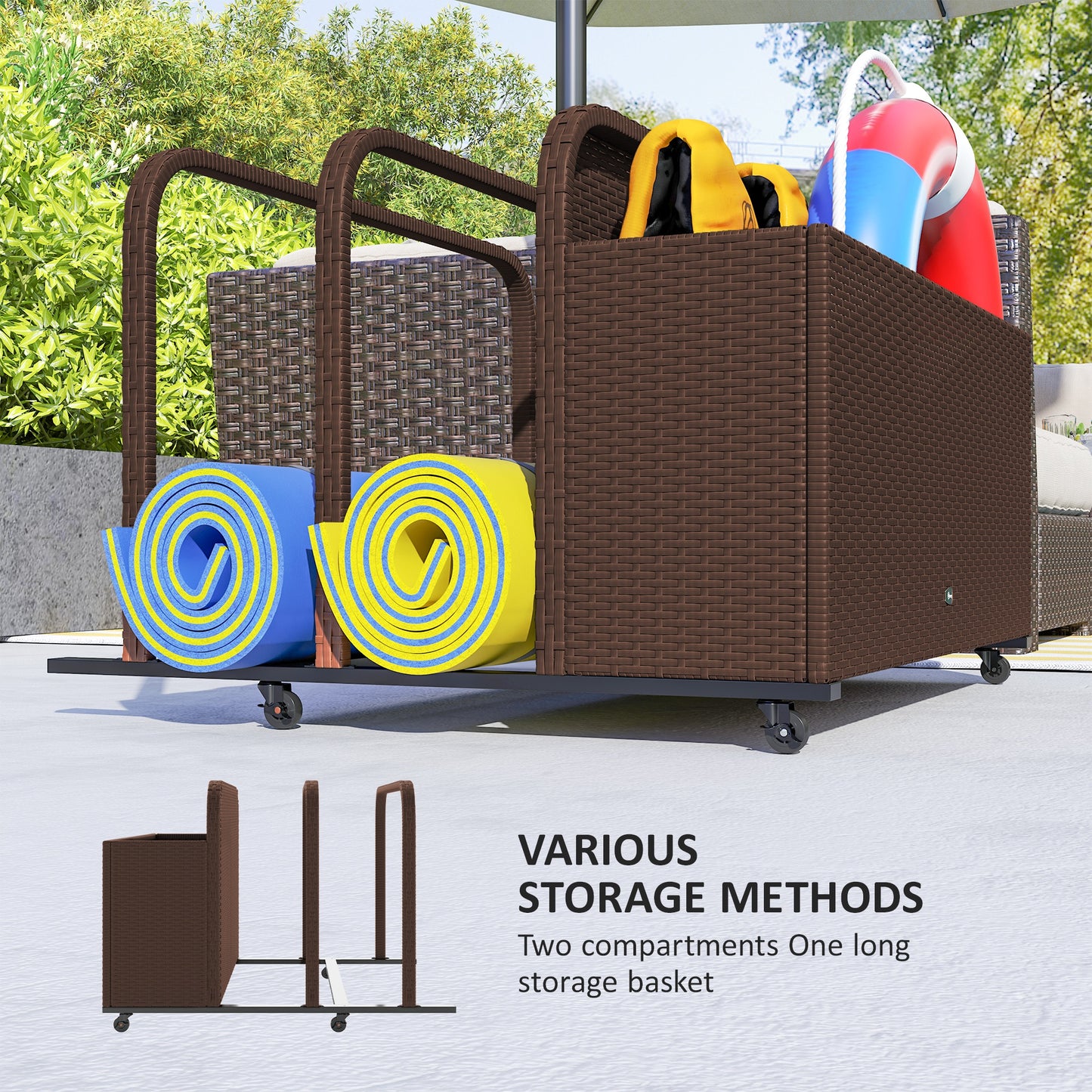 Rolling Pool Storage Rattan Patio Furniture Outdoor Storage Wicker Organizer for Floats, Paddles, Balls, Towels, Brown