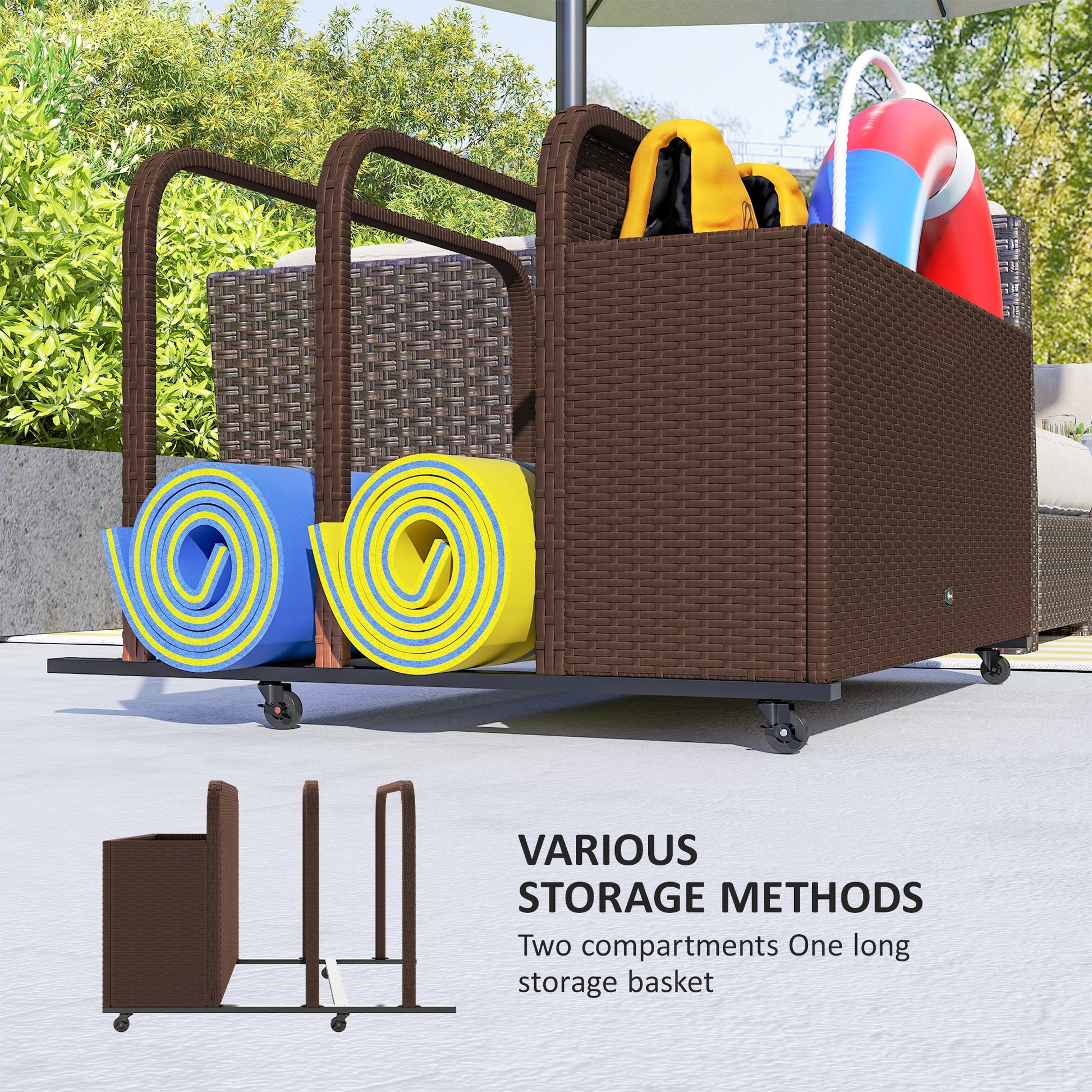 Rolling Pool Storage Rattan Patio Furniture Outdoor Storage Wicker Organizer for Floats, Paddles, Balls, Towels, Brown
