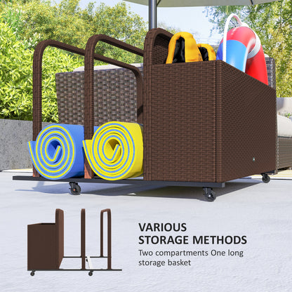 Rolling Pool Storage Rattan Patio Furniture Outdoor Storage Wicker Organizer for Floats, Paddles, Balls, Towels, Brown