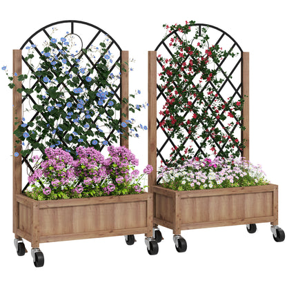 Raised Garden Bed with Metal Trellis, Elevated Planter Box with Wheels and Drainage Holes, 20.5" x 9.8" x 38.2", Brown