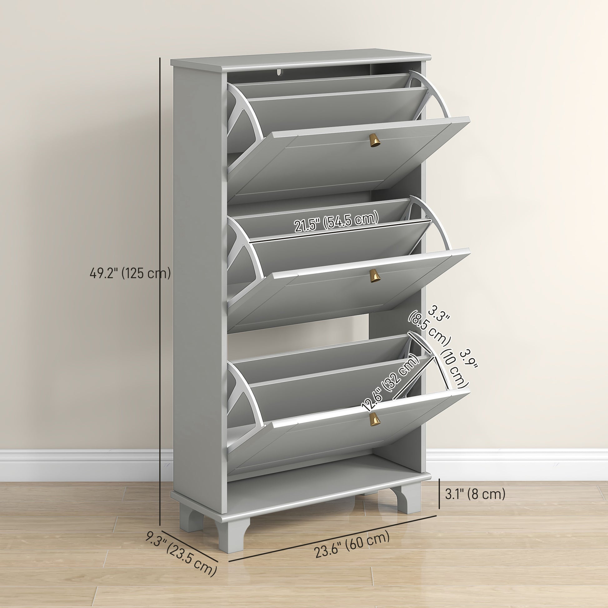 Narrow Shoe Storage with 3 Flip Drawers and Adjustable Shelves, Shoe Cabinet Organizer for 12 Pairs of Shoes, Grey