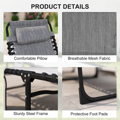 Outdoor Folding Chaise Lounge, Reclining Lounge Chair with Adjustable Backrest and Removable Pillow, Mixed Grey