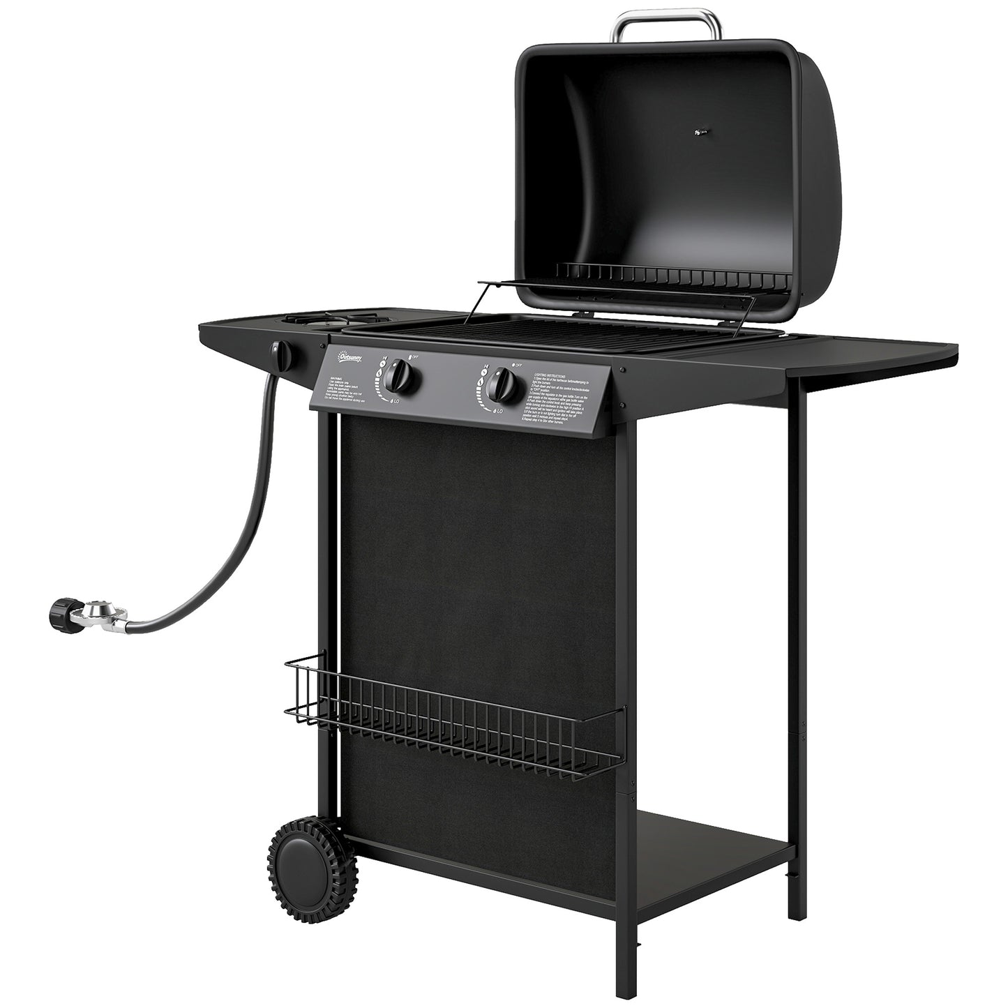 2+1 Burner Propane Gas BBQ Grill, Portable Gas Barbecue Grill with Side Burner, Thermometer, Lid, Side Table, Shelf, Spice Rack, Wheels, Grease Cup for Garden, Black