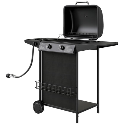 2+1 Burner Propane Gas BBQ Grill, Portable Gas Barbecue Grill with Side Burner, Thermometer, Lid, Side Table, Shelf, Spice Rack, Wheels, Grease Cup for Garden, Black