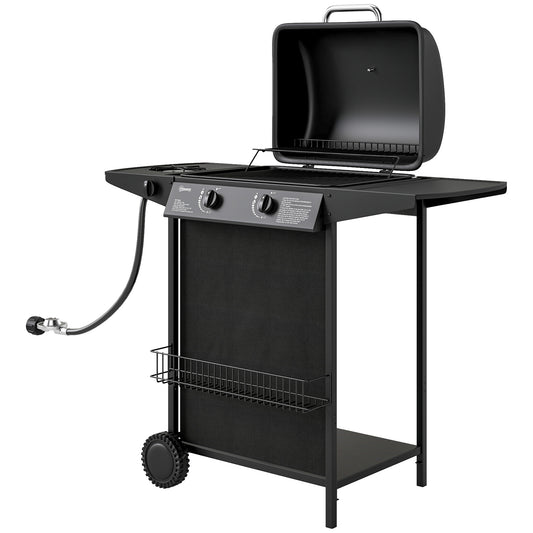 2+1 Burner Propane Gas BBQ Grill, Portable Gas Barbecue Grill with Side Burner, Thermometer, Lid, Side Table, Shelf, Spice Rack, Wheels, Grease Cup for Garden, Black