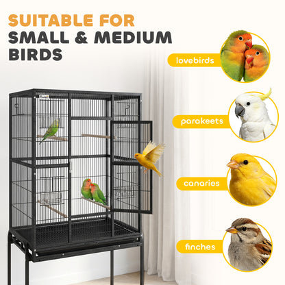 56"H Bird Cage, Parrot Cage w/ Detachable Rolling Stand, Removable Tray, Storage Shelf, Perches, Food Container